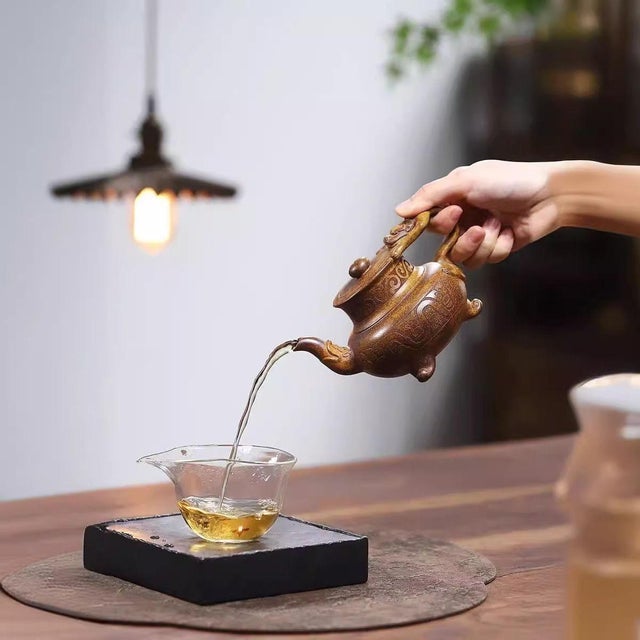 Hand-Carved Auspicious Motif Yixing Zisha Wine & Tea Pot – Wood-Fired Golden Vessel (Jin Zun) Handmade Clay Teapot For Sale - Image 6 of 9
