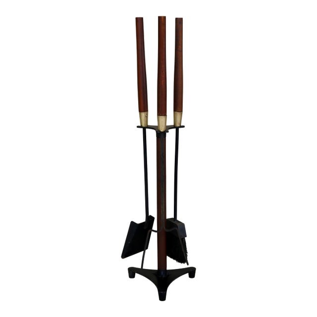 Mid 20th Century Wrought Iron, Brass and Wood Fireplace Tools by Seymour Manufacturing For Sale