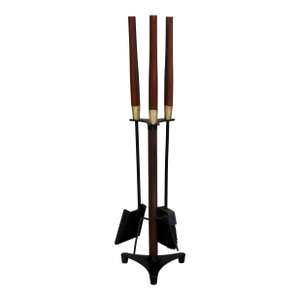 Mid 20th Century Wrought Iron, Brass and Wood Fireplace Tools by Seymour Manufacturing