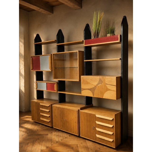 Vintage Czechoslovak Modular Wall Unit with Veneer Cabinets and Black Wooden Supports, 1970s For Sale - Image 4 of 13