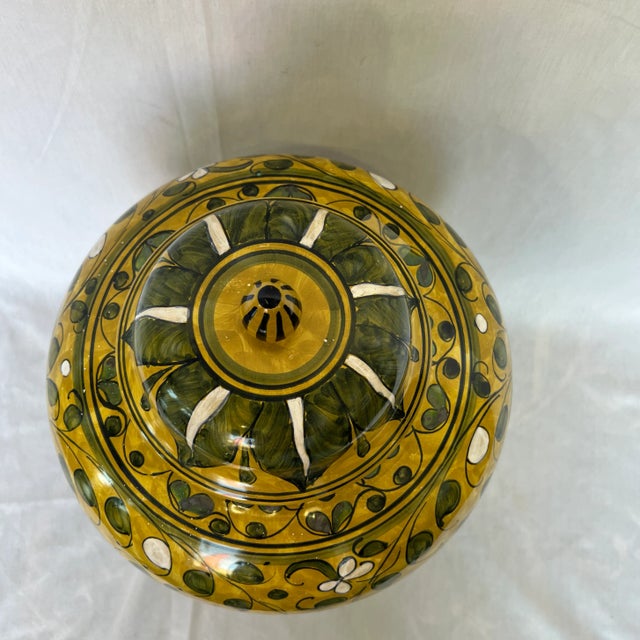 Green Italian Hand Painted Green and Yellow Ceramic Urn With Lid For Sale - Image 8 of 13