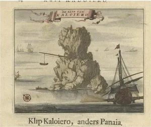 O. Dapper, Cliff Kaloiero or Caloiero Island, Panaia, Greece, 1688, Coloured Engraving
