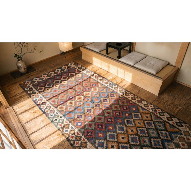 Red 1930s Multicolor Diamond Tribal Antique Kilim n.w. Persian Rug 4'6" X 11'6" Flat Weave Wool Carpet For Sale - Image 8 of 8