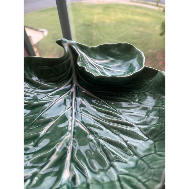 1950s Vintage Bordallo Pinheiro Cabbage Leaf Chip Dip Serving Dish Bowl Plate Entertaining For Sale - Image 5 of 6
