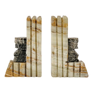 Vintage Mid-Century Modern Hand Carved Mexican Onyx and Marble Aztec or Mayan Bookends For Sale