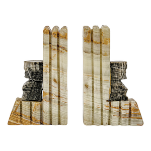 Vintage Mid-Century Modern Hand Carved Mexican Onyx and Marble Aztec or Mayan Bookends