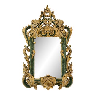 Vintage Rococo Style Gold-Plated Forest Green Framed Wall Mirror. For Sale