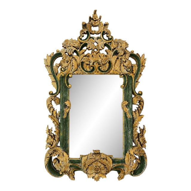 Vintage Rococo Style Gold-Plated Forest Green Framed Wall Mirror. For Sale