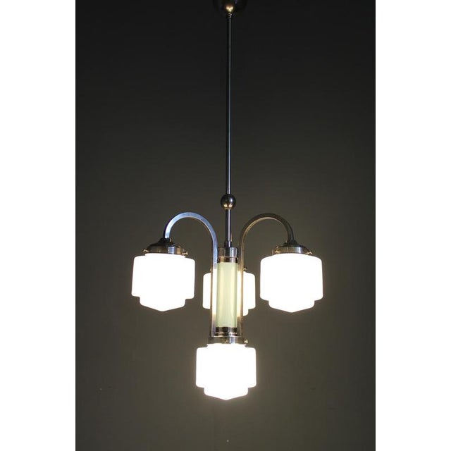 Art Deco Nickel Pendant Light with Cylindrical Light Opaline Shades, Czechoslovakia, 1930s For Sale - Image 14 of 15