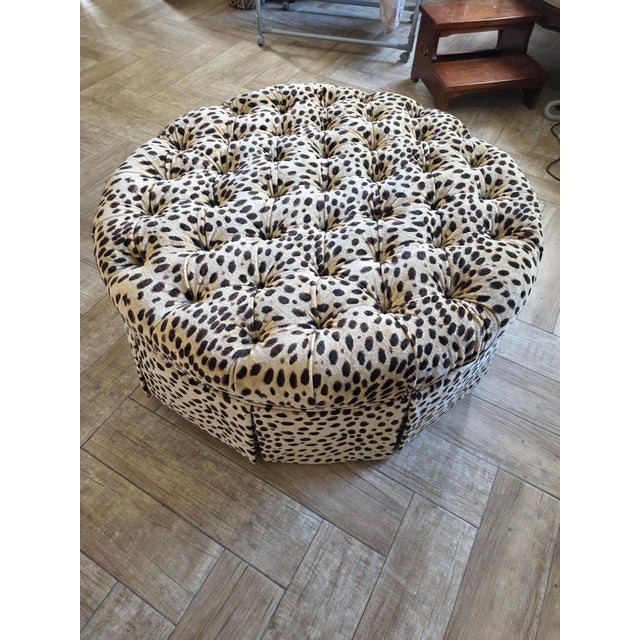 1990s Tufted Round Ottoman With Leopard Fabric For Sale - Image 5 of 5