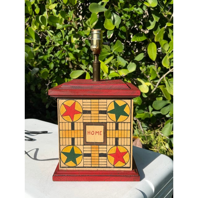 Wood Vintage Folk Art Game Board Painted Wood Table Lamp For Sale - Image 7 of 11