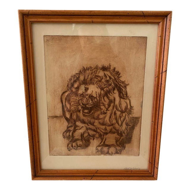 Vintage Mid-Century Original Lion Animal Etching Signed For Sale