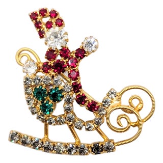 Vintage 1960s Signed Hobe Rhinestone Santa Claus in His Sleigh Brooch For Sale