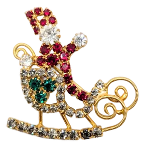 Vintage 1960s Signed Hobe Rhinestone Santa Claus in His Sleigh Brooch