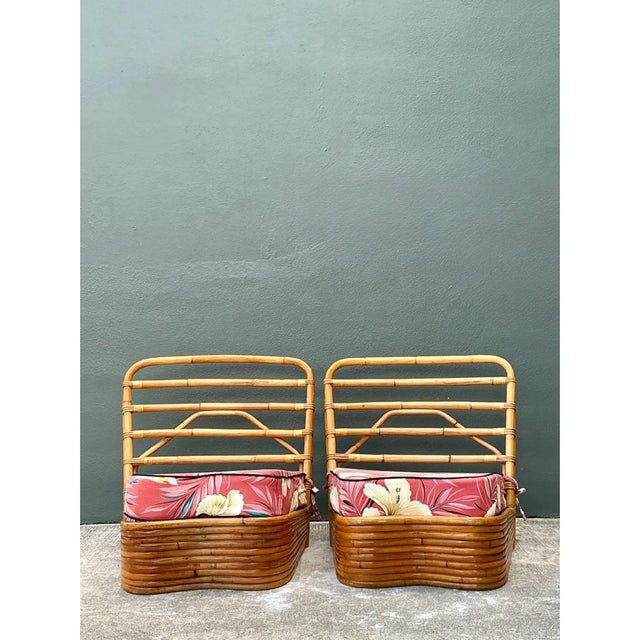 Vintage Stacked Wave Rattan Slipper Chairs After Paul Frankl For Sale - Image 9 of 13