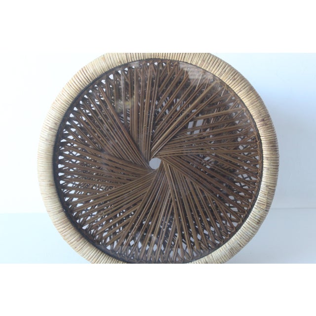 1970s Ficks Reed Style Bohemian Round Handwoven Rattan Wicker Drum Side Drink Table For Sale - Image 14 of 15