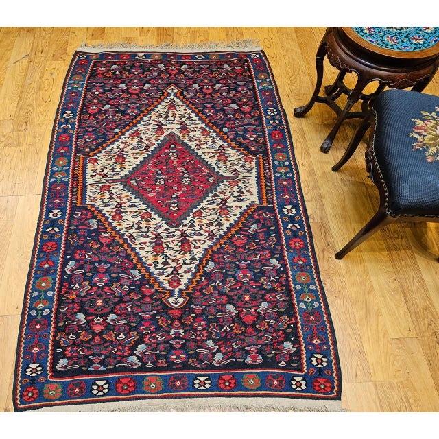 Traditional Vintage Senneh Kilim Rug, Handwoven Wool & Cotton, Medallion Pattern, Navy & Ivory, 4x6 For Sale - Image 3 of 16