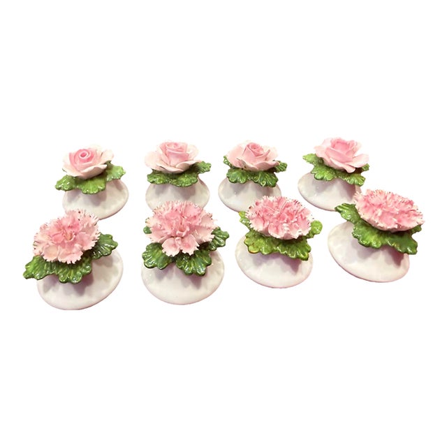 Vintage Porcelain Pink Floral Individual Salt & Pepper Shakers - Set of 8 For Sale