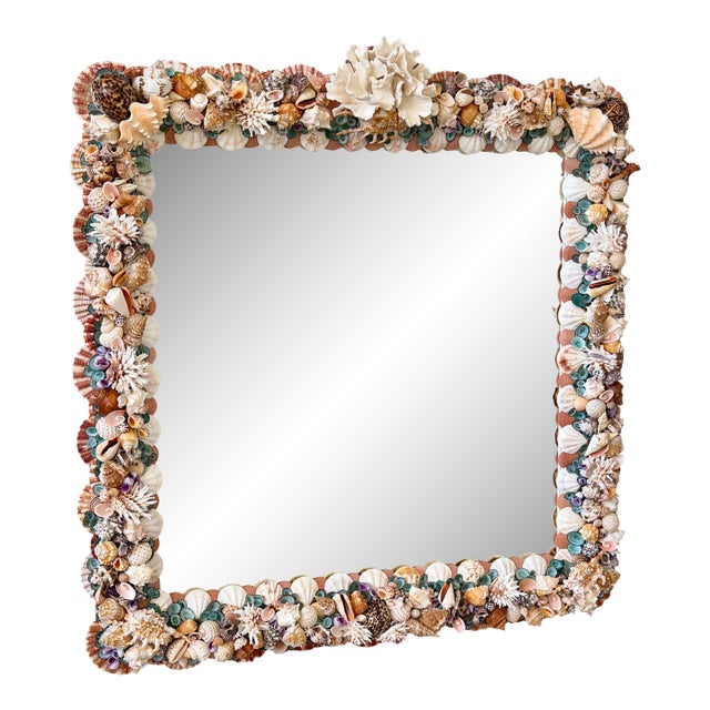 Custom Coastal Seashell Wall Mirror With Coral & Mixed Shell Mosaic Frame For Sale