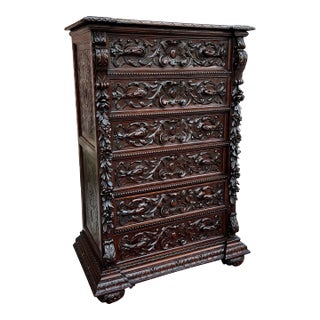 Tall Antique French Chest of Drawers Renaissance Revival Carved Oak C. 1880s For Sale