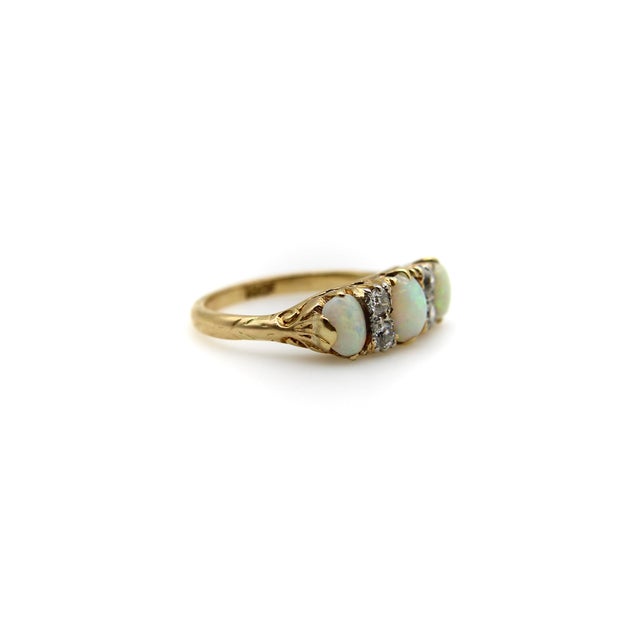 Traditional 1900-1909 Edwardian 18k Gold Opal and Diamond Three-Stone Ring, Size 7 For Sale - Image 3 of 10