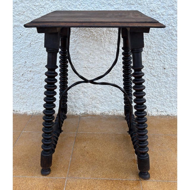 Wood 1920s Spanish Baroque Revival Oak Side Table with Barley Twist Legs and Iron Stretcher For Sale - Image 7 of 10