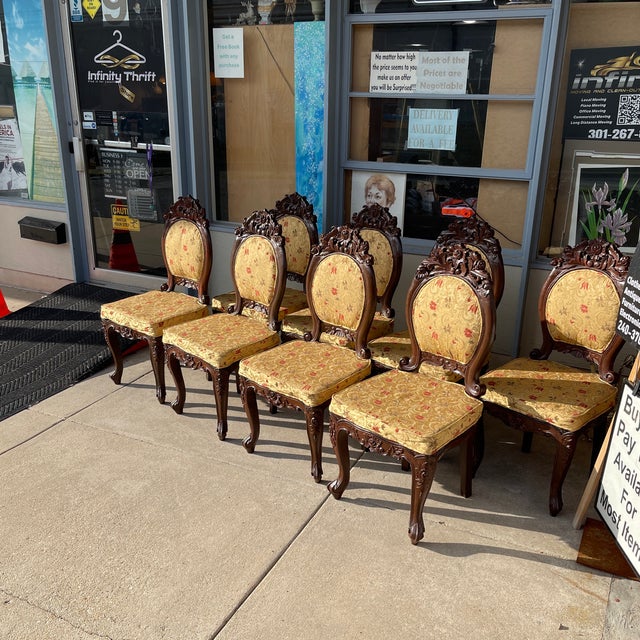 Mid 20th Century Mid-Late 20th Century Vintage Rococo Revival Carved Accent Chairs in Yellow-Gold Floral Damask - 8 Pieces For Sale - Image 5 of 12