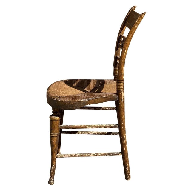 Wood Antique Sheraton Fancy Paint Thumb Back Chair With Rush Seat & Greek Key Design For Sale - Image 7 of 8