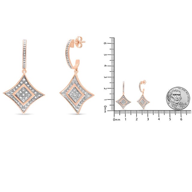 Early 21st Century 14K Rose Gold Plated .925 Sterling Silver Round-Cut Diamond Accent Dangle Rhombus Earrings (H-I Color, I2-I3 Clarity) For Sale - Image 5 of 5