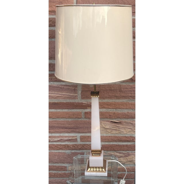 Brass and Onyx 2-Light Table Lamp with Fabric Shade from Versace, 1970s, in Very Good conditions. Designed 1970 to 1979 I...