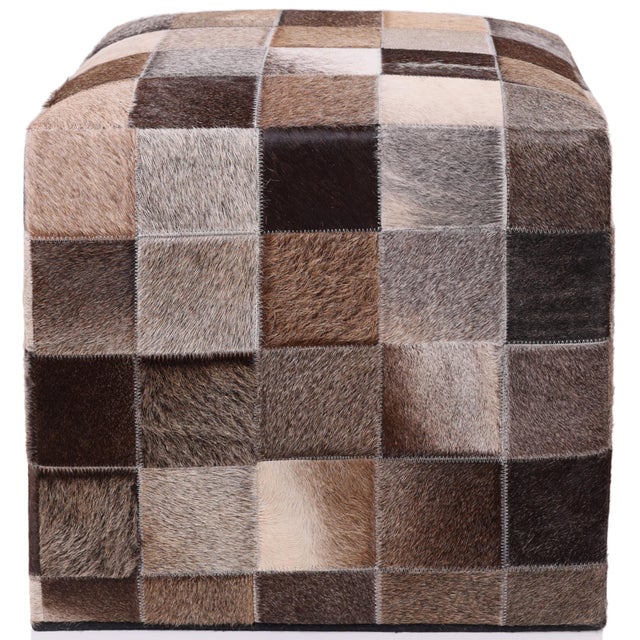 2020s Handmade Brown Patchwork Cowhide Leather Ottoman Pouf 18x18x18 in Warm For Sale - Image 5 of 8