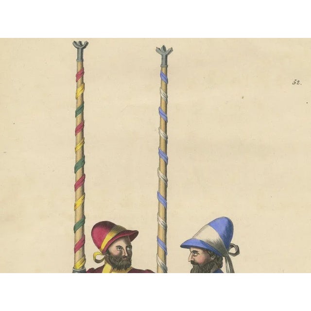 19th-Century Hand-Coloured Lithograph of Medieval Horsemen with Festive Standards This original hand-coloured lithograph,...