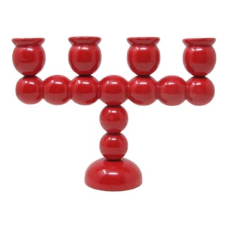Vintage Traknaggen Swedish Folk Art Red Hand-Carved and Painted Wood Candelabra For Sale