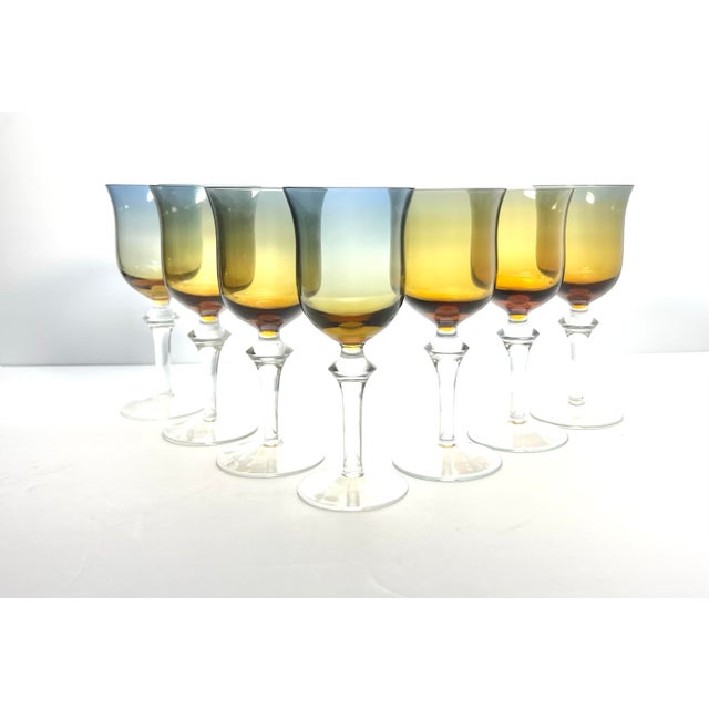 Denby “Aurora, Amber-Blue” Set of 7 Wine Glasses 7” 8oz Excellent condition. No chips, cracks, or fleabites. Height 7”...