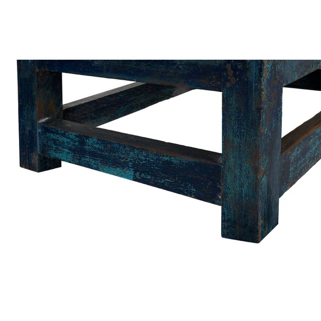 Rustic Paint Patina Shop Table as Coffee Table With Limestone Top For Sale - Image 3 of 9