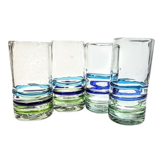 Handblown Blue & Green Tumblers- Set of Four For Sale