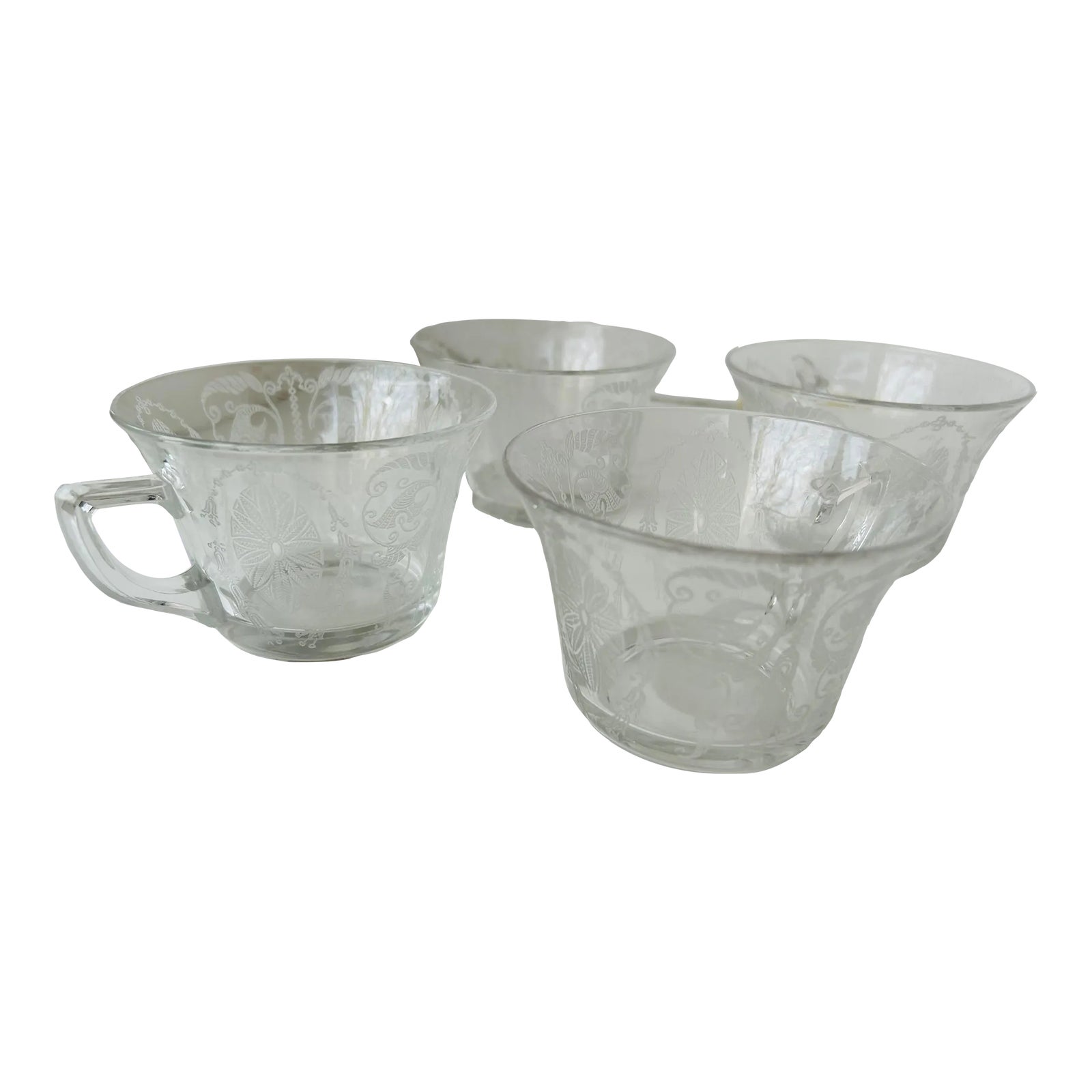 1960's Vintage Clear Etched Glass Tea Cups- Set of 4 | Chairish