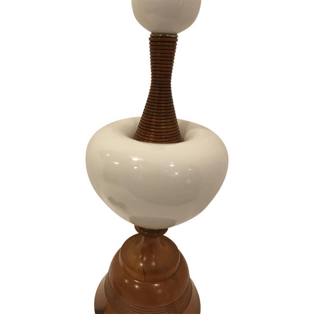 Vintage Opaline white glass and walnut tall table lamp. This striking desk or table lamp has beautifully rounded opaline...