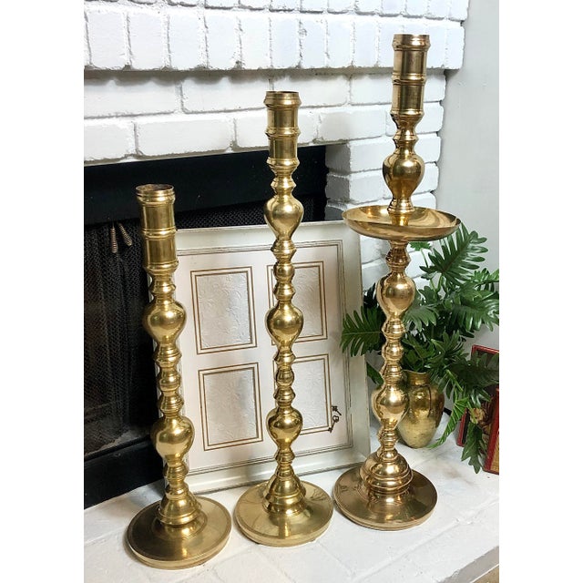 Metal Late 20th Century Solid Brass Tall Floor Candle Holders- Set of 3 For Sale - Image 7 of 10