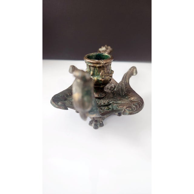 Metal Antique Brass Rococo Revival Chamberstick Candle Holder With Verdigris Patina For Sale - Image 7 of 12