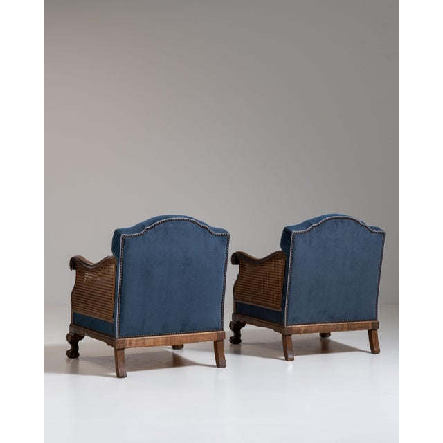 Pair of Early 20th Century British Navy Blue Edwardian Velvet Upholstered Armchairs with Cane Panels For Sale - Image 10 of 15