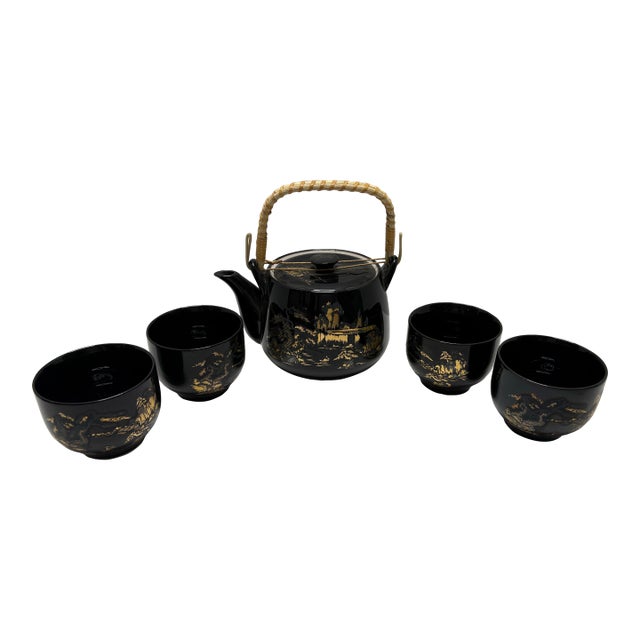 Vintage Japanese Black & Gold Tea Set | Teapot W Bamboo Handle + 4 Cups | Chinoiserie Landscape | Japan Porcelain Tea Service For Sale