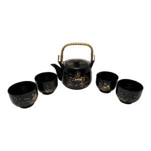 Vintage Japanese Black & Gold Tea Set | Teapot W Bamboo Handle + 4 Cups | Chinoiserie Landscape | Japan Porcelain Tea Service