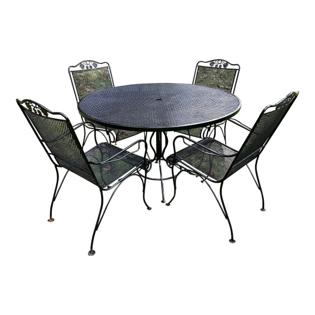 1960s Woodard Wrought Iron Patio Set Table & 4 Chairs, Attributed For Sale
