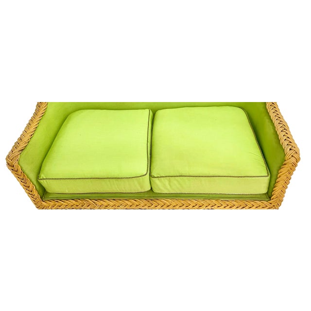 Green Upholstered Rattan Loveseat For Sale - Image 4 of 6