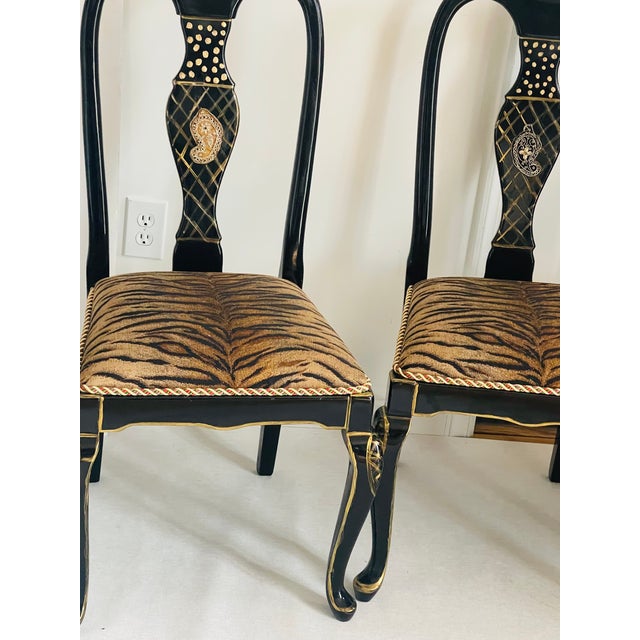 Black Mackenzie Childs Style 4 Black Lacquer Chairs For Sale - Image 8 of 8