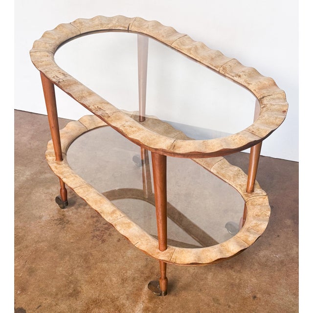 Mid 20th Century Italian Two-Tier Drinks Cart of Scalloped Wood and Glass - Mid 20th Century For Sale - Image 5 of 10