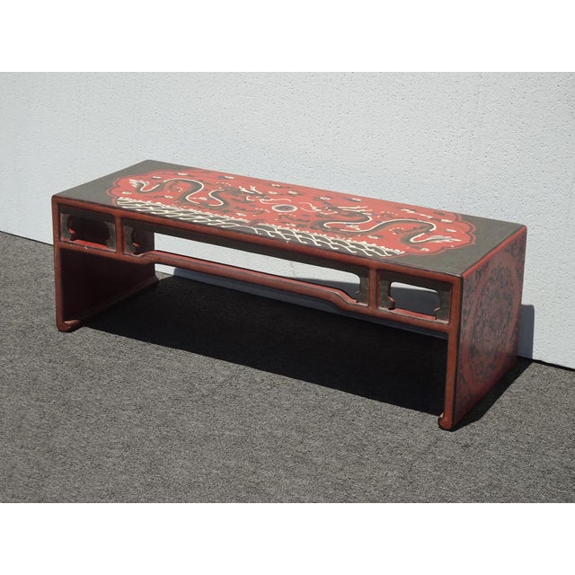 Vintage Chinese Asian Red Dragon Motif Bench ~ Coffee Table For Sale In Los Angeles - Image 6 of 15