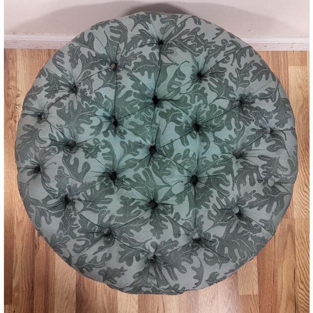 Wood Vintage Upholstered American Modern Round Tufted Bench Poof Ottoman For Sale - Image 7 of 12