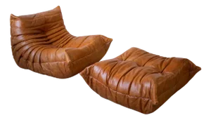Set of Pine Leather Togo Lounge Chair and Pouf by Michel Ducaroy for Ligne Roset